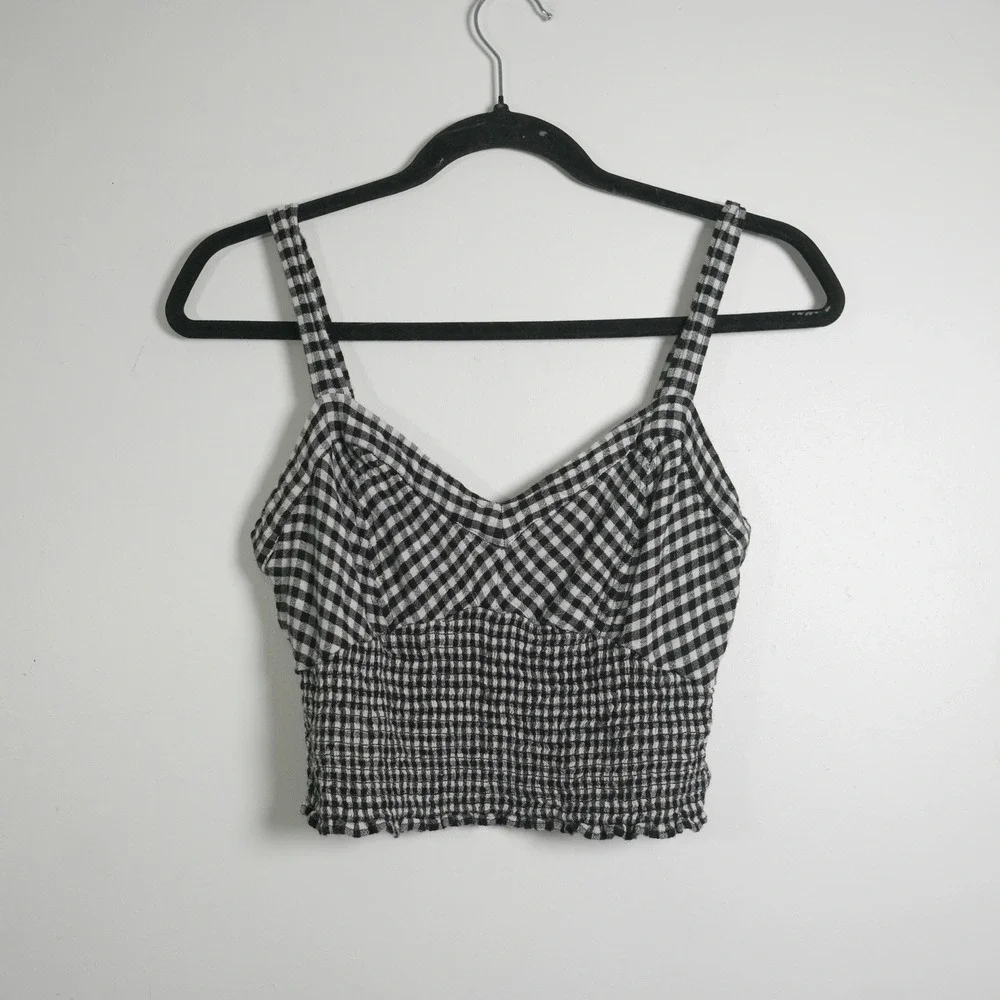 Free People Gingham Crop Top‎ Cottagecore M Black White Smocked V-Neck Cami Boho